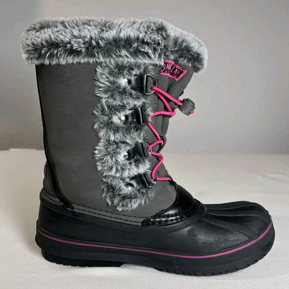 Magellan Outdoors Girls Winter Snow Boots Size 3D Gray Pink Faux Fur Waterproof